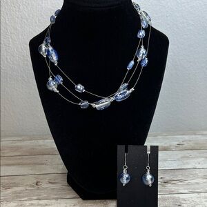 Elegant Blue and Silver Glass Beaded Necklace and Earring Set